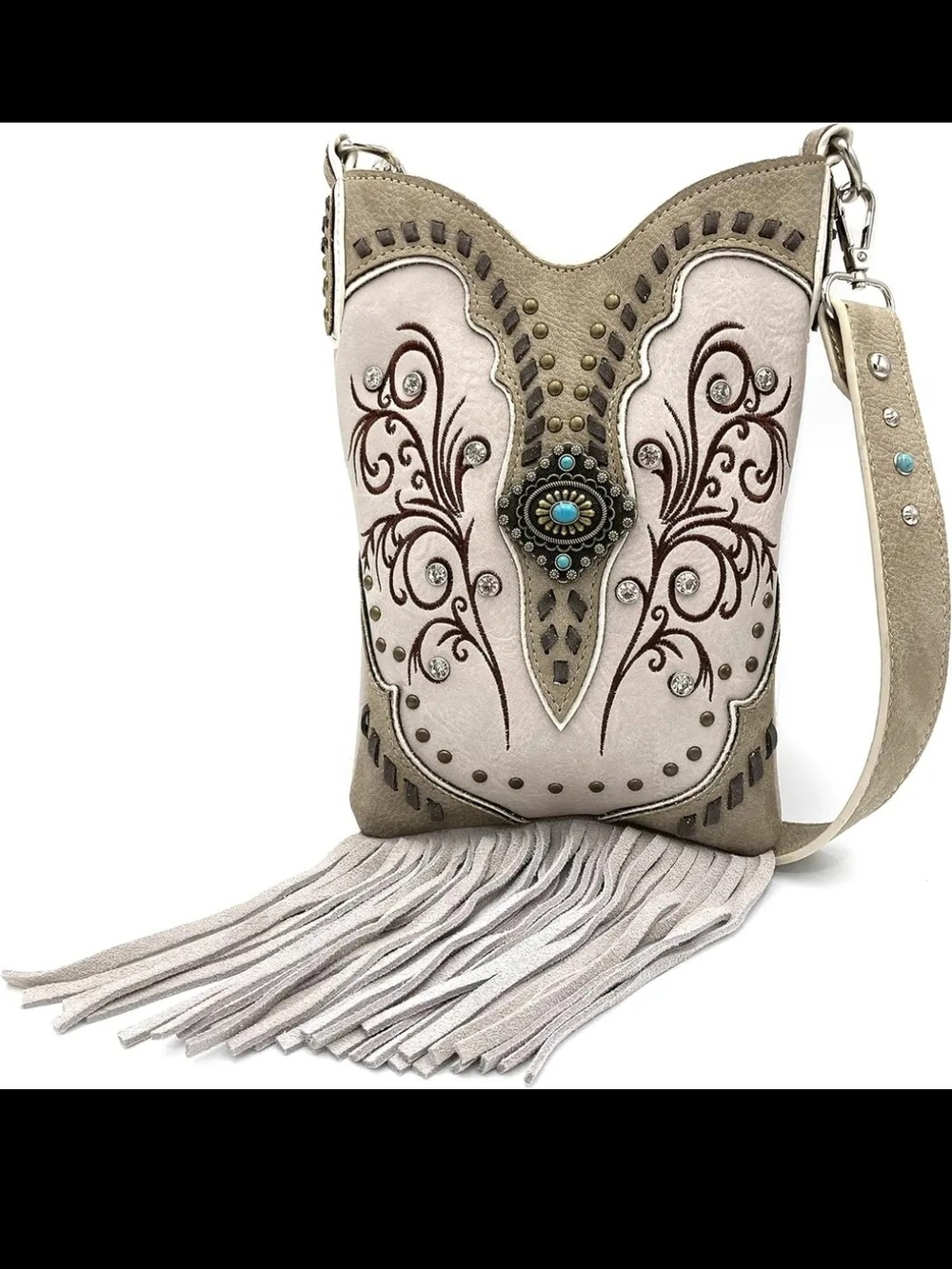Embellished Taupe Fringe Crossbody Bag with Turquoise Concho